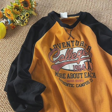 Wiaofellas Vintage Oversized T-shirt for Men Contrast Color Raglan Long Sleeve Letter Print T Shirt Hip-hop American Retro Unisex Tops Tees